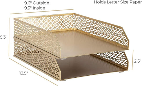Gold File Organizer Office Inbox, Gold Paper Tray Set of 2 Stackable Letter Trays for Desk Organizer File Baskets