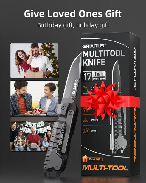 Multitool Knife 17 in 1, Fire Starting Sticks, Bottle Opener, Saw, Screwdrivers, Whistle, Window Breaker - Perfect for