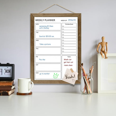 Dry Erase White Board & Weekly Calendar Board, Magnetic Whiteboard for Wall, 10.5“x14.5" Rustic Brown Framed Planner