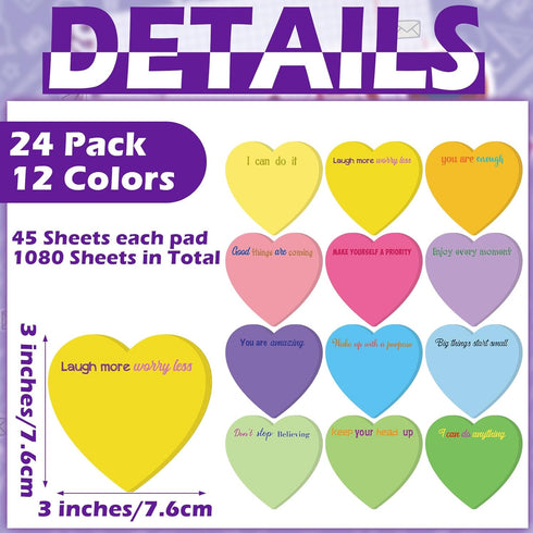 Teling 24 Pieces Inspirational Sticky Notes Graduation Gift Heart employee gifts Cute Sticky Note Pads Gifts for Reminder Work Studying 3x3 inch(Vivid Color, Motivational Style)