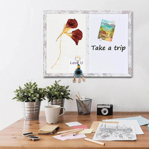 Bulletin Board Whiteboard Combo, White Felt Board for Office, School, Kitchen, Bedroom, White Wood Frame, 17.7"*23.6"