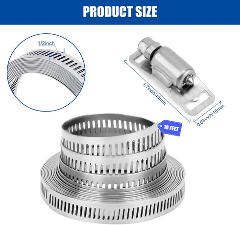 Hose Clamps10FT Metal Strapping+10 Fasteners DIY Cut-To-Fit 304 Stainless Steel Band Clamps Adjustable Large Worm Gear Hose Clamps Assortment Kit Metal Screw Clamps Strapping for Pipe WSWECCL by WSWECCL