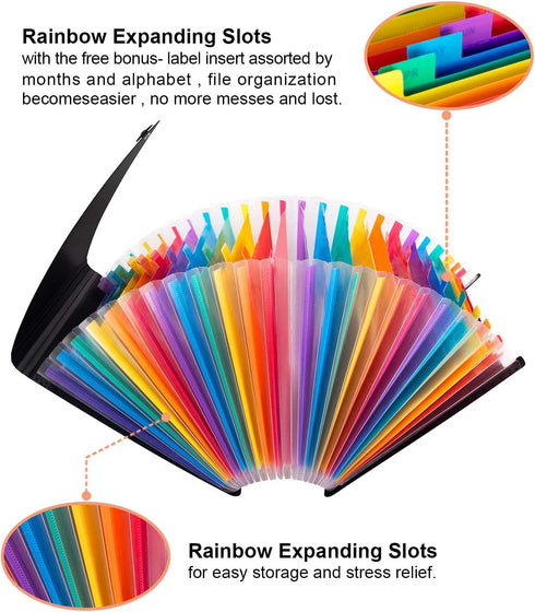 Uquelic Large Plastic 24 Pocket Expanding File Folder with Cover - Rainbow Accordion A4 Document Organizer Briefcase