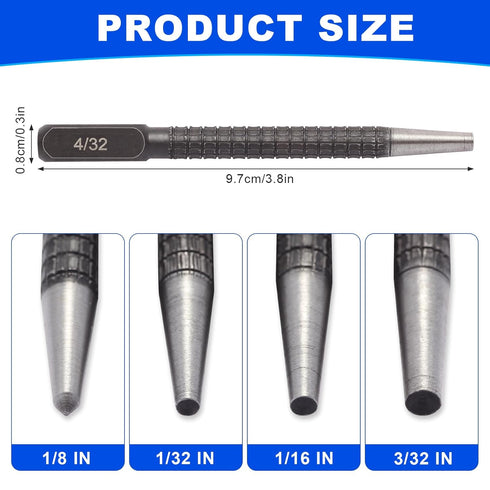 Ouvlaiz 4-Piece Set (1/32", 2/32", 3/32", 4/32") Set Center Punch Hardened Steel Precision Punch & Nail Tool Kit