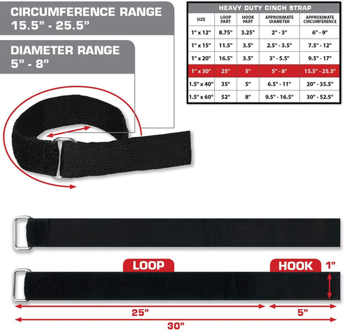Heavy Duty Cinch Straps with Stainless Steel Buckle, Reusable Hook and Loop, Multipurpose Securing Straps - 6 Pack, 1"