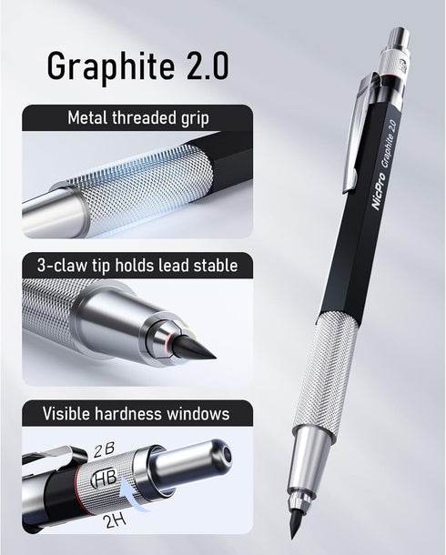 Nicpro 2.0 mm Mechanical Pencil Set, Artist Metal Lead Holder with 60 Graphite Lead Refill HB, 2H, 4H, 2B, 4B, Eraser,
