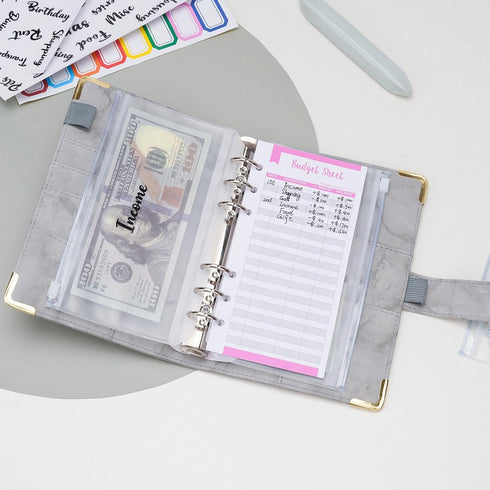 Budget Binder Leather A6 Cash Envelopes, Money Saving Binder with Zipper Envelopes for Budgeting, Gray