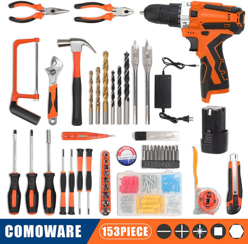 16.8V 153-Piece Set COMOWARE Cordless Drill Tool Combo Kit, Professional Household Tool with Lithium Battery for Home