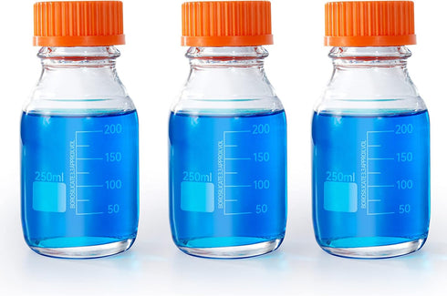 250ml Round Media Storage Bottles Pack of 3, Borosilicate Glass with GL45 Screw Cap, Max Temp 249.8°F