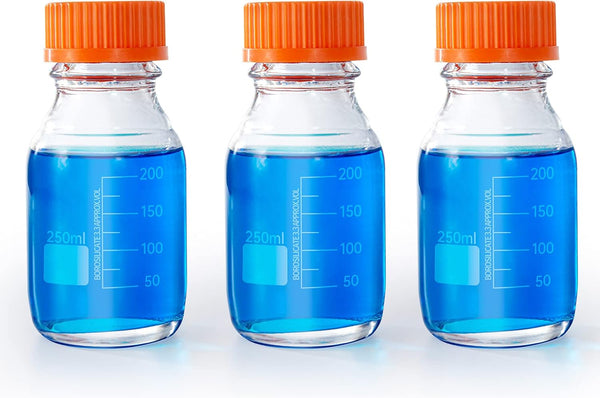 250ml Round Media Storage Bottles Pack of 3, Borosilicate Glass with GL45 Screw Cap, Max Temp 249.8°F