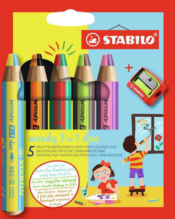 STABILO Multi-Talented Pencil woody 3 in 1 duo - Pack of 5 - Assorted Colors with Sharpener
