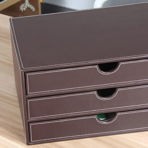 PU Leather Desk Organizer with 3 Drawers, Executive Office Supplies Desktop Filing A4 File Cabinet for Jewelry, Bill,