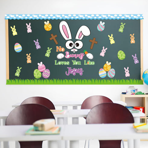 BeYumi 86Pcs Easter Bunny Christian Cross Bulletin Board Set, No Bunny Loves You Like Jesus, Sunday School Decor