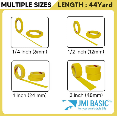 Yellow Painters Tape for Car Paint - Assorted Size Multi Pack 44 Yard - No Residue Automotive Masking Tape, Heat