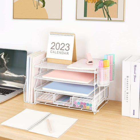 Desk Organizers and Accessories, 4 Tier Tray Letter Paper Organizer with Vertical File Holder for Office Supplies, White