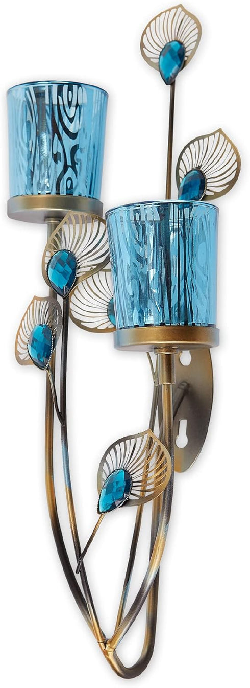 Elegant Peacock Plume Wall Sconce - Stunning Iron and Glass Design