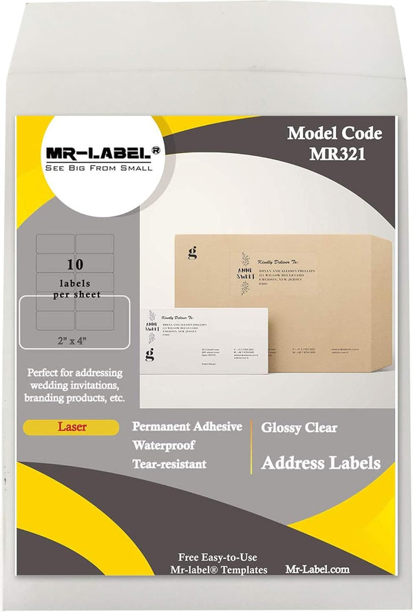 Mr-Label 2" x 4" Glossy Crystal Clear Address Labels - Waterproof, Tear-Resistant for Laser Printer - 250 Labels