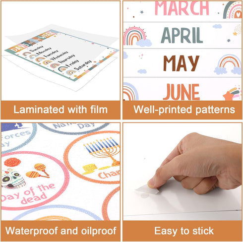 Boho Rainbow Classroom Calendar Set for Teachers, Bulletin Board Decorations with Seasons, Weather, Days of the Week
