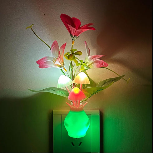 1W Plug-in Night Light with Auto Light Sensor, RGB LED Mushroom Night Light Wall Based Flower Lamp Energy Efficient