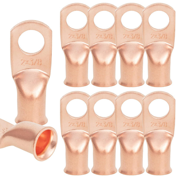 10PCS 2AWG - 3/8''Stud Heavy Duty Copper Terminals, Battery Cable Crimp Lugs, Battery Cable Ends, Bare Copper Eyelets