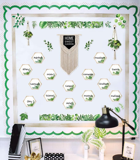 Schoolgirl Style Simply Boho Bulletin Board Set—Home Sweet Classroom Macrame Header, Leaf Border Trims, 58 pc