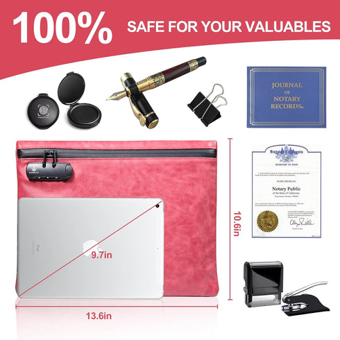 Notary Bag with Lock, Heavy Duty 13.6 x 10 Inches Ruby Red Supply Bag for Notary Journal, Stamp, Ink Pad, and Valuables