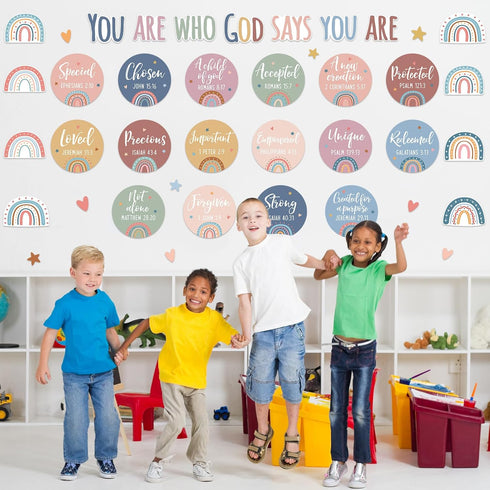 Christian Bulletin Board Decorations - Inspirational Sets with Motivational Cutouts Boho Rainbow Religious Wall Decor