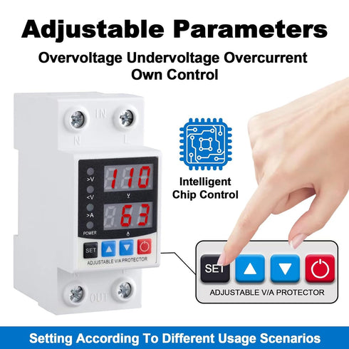 Smart Circuit Breaker with Energy Monitoring, Adjustable 1-63 Amp AC110V DC85-300V Over/Under Voltage Protection