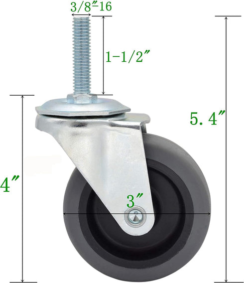 MySit Casters Wheels, 3-Inch Threaded Stem TPR Caster 3/8"-16 x 1-1/2", Heavy Duty Thermoplastic Rubber Wheel 450lbs Load Capacity, Set of 4