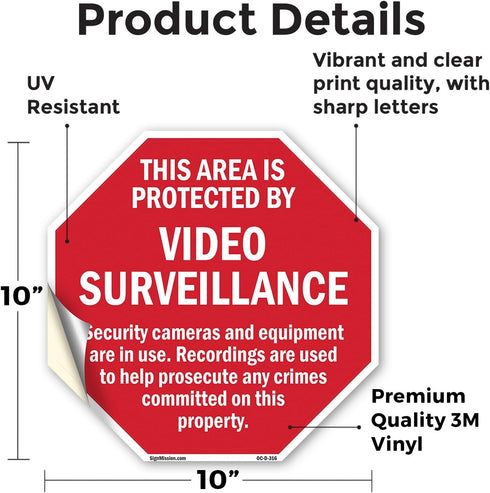 This Area Is Protected by Video Surveillance Security Cameras and Equipment Are in Use, 10 inch X 10 inch Vinyl Label
