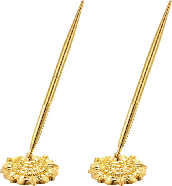 Outus 2 Pieces Wedding Pens for Guest Book Signing, Metal Hollow Round Holder Stand Set for Wedding Supplies