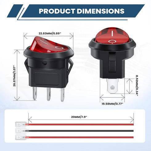 DMTVAL 10Pcs 12V 2 2 6A/250V 10A/125V, Red LED Round Rocker Switch Kit, Pin Position SPST ON/Off Toggle with Pre-Wired