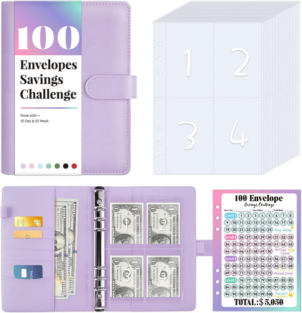 Sooez 100 Envelopes Money Saving Challenge, Savings Challenges Book with 100 Pocket Pre-number, Reusable Tracker,