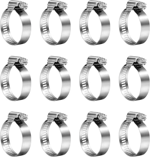 Hose Clamps, 304 Stainless Steel, 12 pcs/Pack, SAE 24 Worm Gear Adjustable Hose Clamps, 1-1/16-Inch-2-Inch (27-51mm)