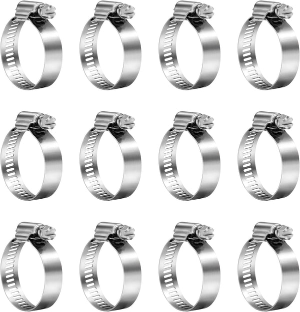 Hose Clamps, 304 Stainless Steel, 12 pcs/Pack, SAE 24 Worm Gear Adjustable Hose Clamps, 1-1/16-Inch-2-Inch (27-51mm)