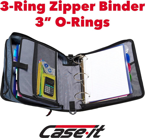 Case-it The Mighty Zip Tab Zipper Binder - Deep Purple D-146 - 3 Inch O-Rings - 600 Sheet Capacity - 5 Color Tab