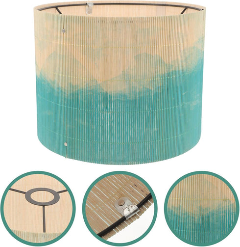 -30X30X23cm OSALADI Drum Lamp Shade Bamboo Lampshade Green Printing Pattern Lamp Cover Chandelier for Floor Table