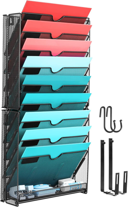 GALASALA 10 Pockets Wall File Organizer, Mesh Hanging File Holder with Hooks, Black Magazine Rack for Office Supplies
