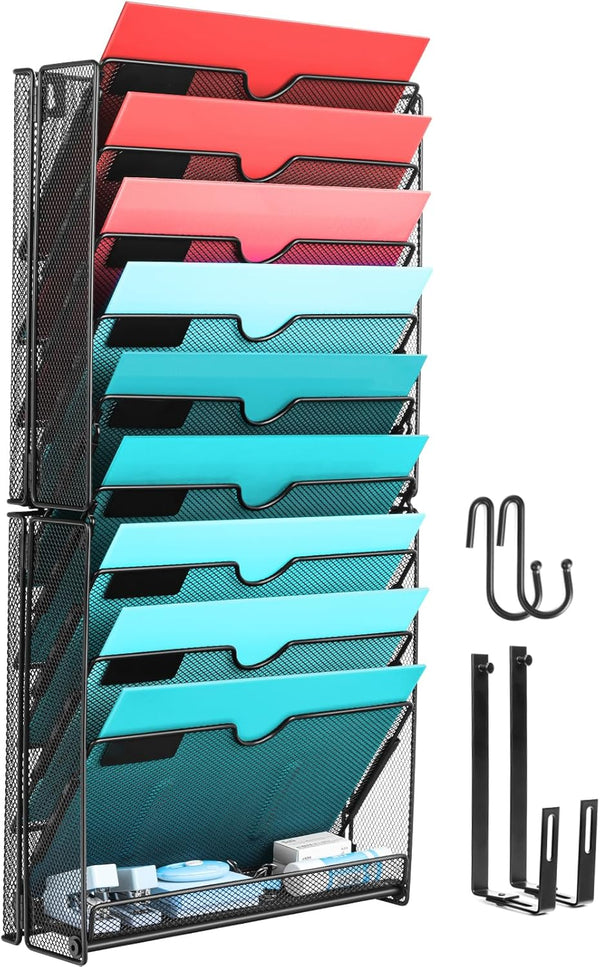 GALASALA 10 Pockets Wall File Organizer, Mesh Hanging File Holder with Hooks, Black Magazine Rack for Office Supplies