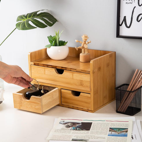 VERGOODR Rustic Distressed White 3-Tier Bamboo Desk Organizer with 3 Drawers, Mini Storage Shelf for Office Supplies