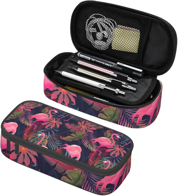 Tropical Palm Leaf Pink Flamingos Pencil Case Bag - School Office Marker Desk Organizer for Kids, Students