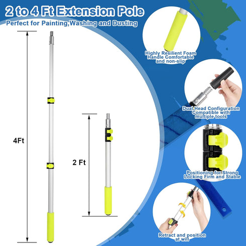 Rhibak 27 Set, 2 4 4"9" Set Paint Roller Kit with Extension Pole, Piece to Ft Pole, Paint Rollers, Paint Brushes