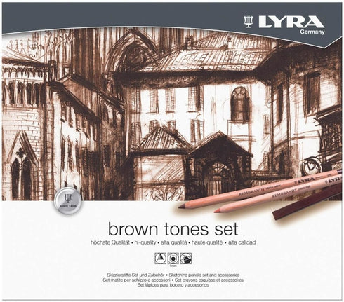Lyra Metal Box of Pastels and Sketching Pencils - Brown Tones + Accessories, 25 Pieces
