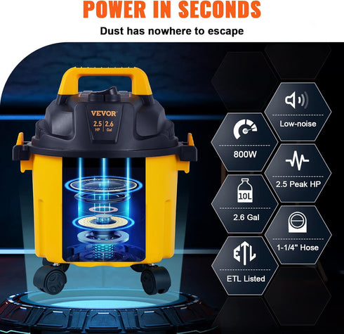VEVOR Wet Dry Vac, 2.6 Gallon, 2.5 Peak HP Portable Shop Vacuum with Blowing Function, Attachments Storage,
