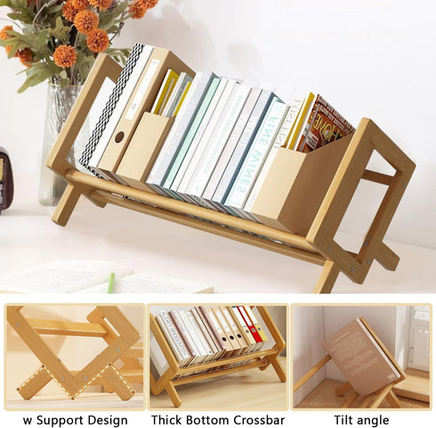 Desktop Bookshelf Bamboo Book Storage Organizer Large Magazine Holder Racks for Home Office Bedroom Tilting Bookcase