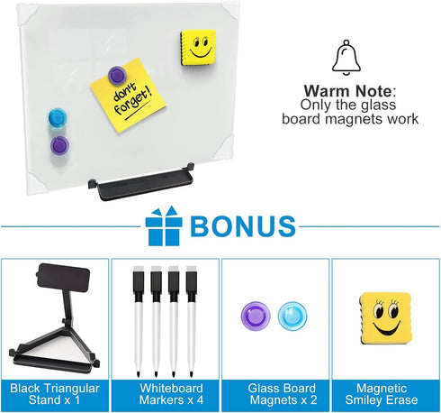 Magnetic Glass Whiteboard Desktop, 16x12" Tabletop Dry Erase Board with Adjustable Stand, Portable