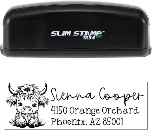Premium Pre-Inked Personalized Name and Address Stamp, Custom Shaggy Highland Cow Design, Ideal for Dairy Product