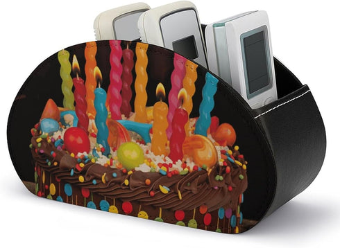 KLITGFEW Leather Remote Control Holder Happy Birthday Big Cake TV Remote Store Box