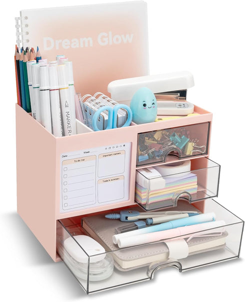 Desk Organizer with 3 Drawers, Multi-Functional Pencil Pen Holder for Desk, 5 Compartments, Desktop Organizer for