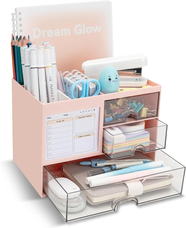 Desk Organizer with 3 Drawers, Multi-Functional Pencil Pen Holder for Desk, 5 Compartments, Desktop Organizer for